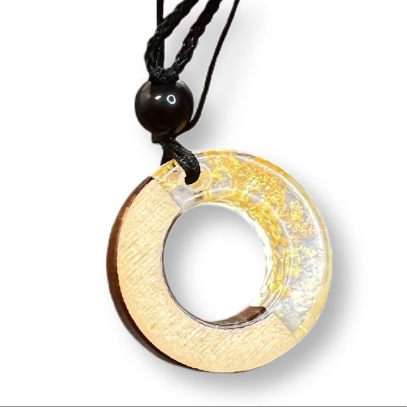 Gold Resin + Wood Circle of Life Round Pendant Adjustable Black Rope Necklace - Picture 3 of 5